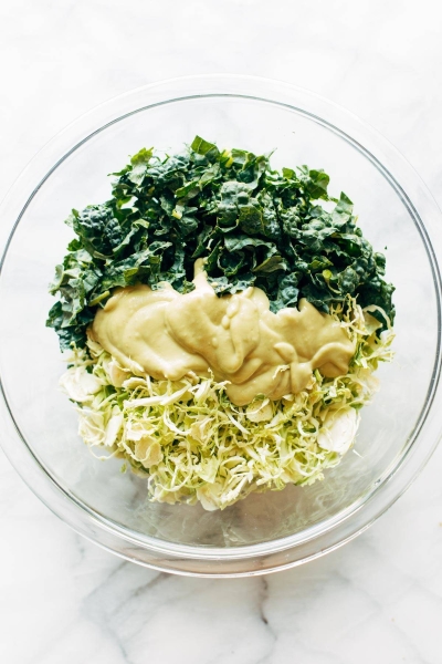 Brussels & Kale Caesar with Cheezy Garlic Croutons