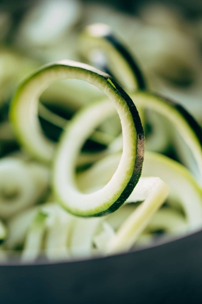 Burst Tomato and Zucchini Spaghetti with Avocado Sauce