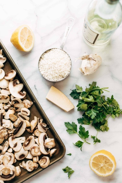 Oven Risotto with Garlic Roasted Mushrooms and Arugula