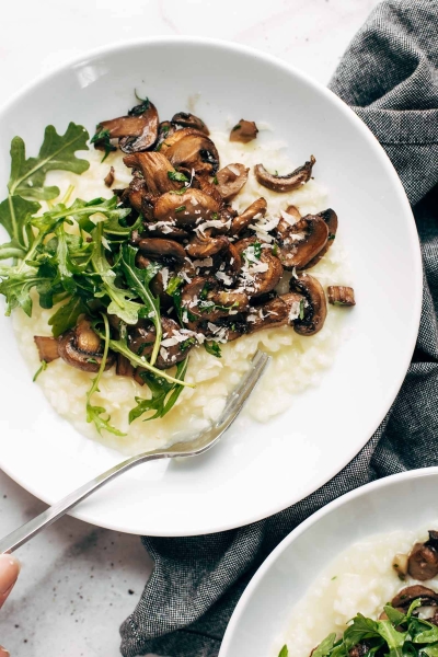 Oven Risotto with Garlic Roasted Mushrooms and Arugula