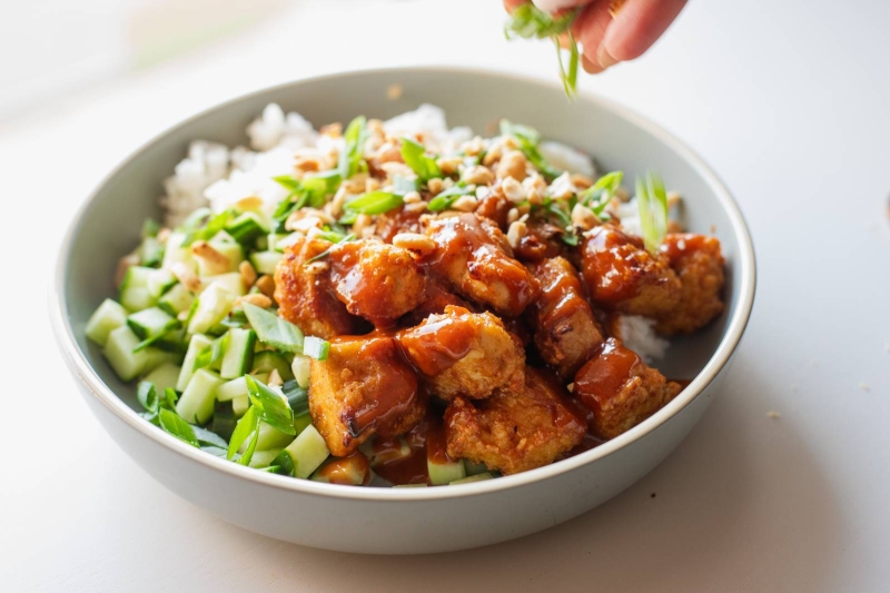 Sticky Gochujang Tofu with Herbs and Peanuts