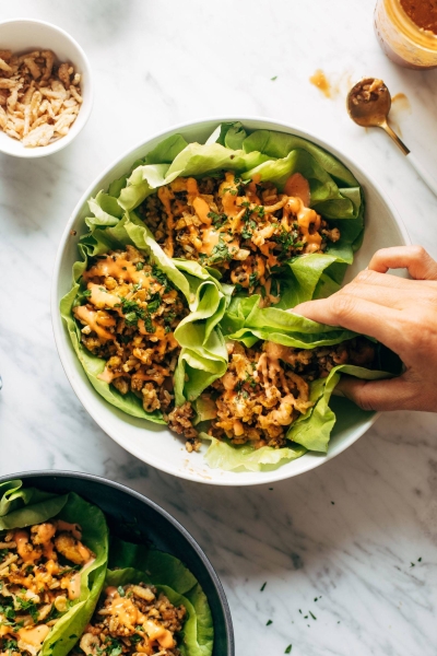 Tofu and Brown Rice Lettuce Wraps with Peanut Sauce